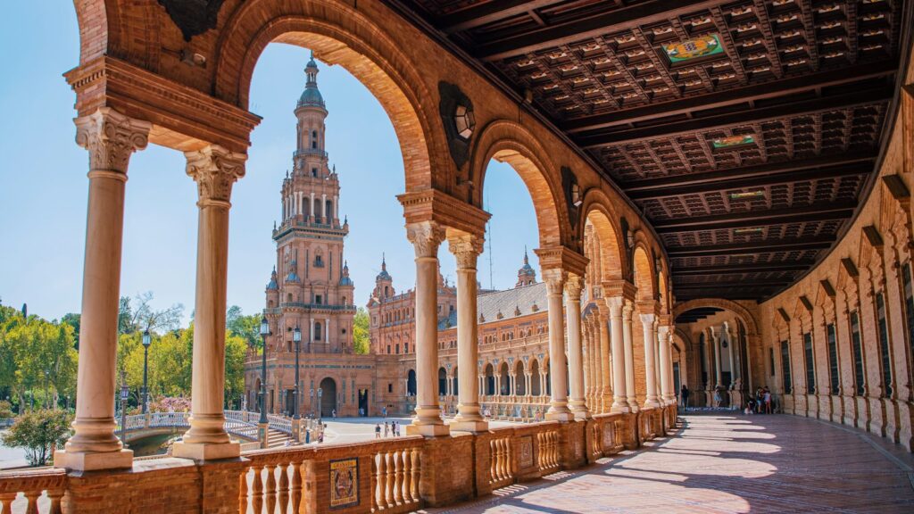 The arcades of Plaza de España in Seville, Spain