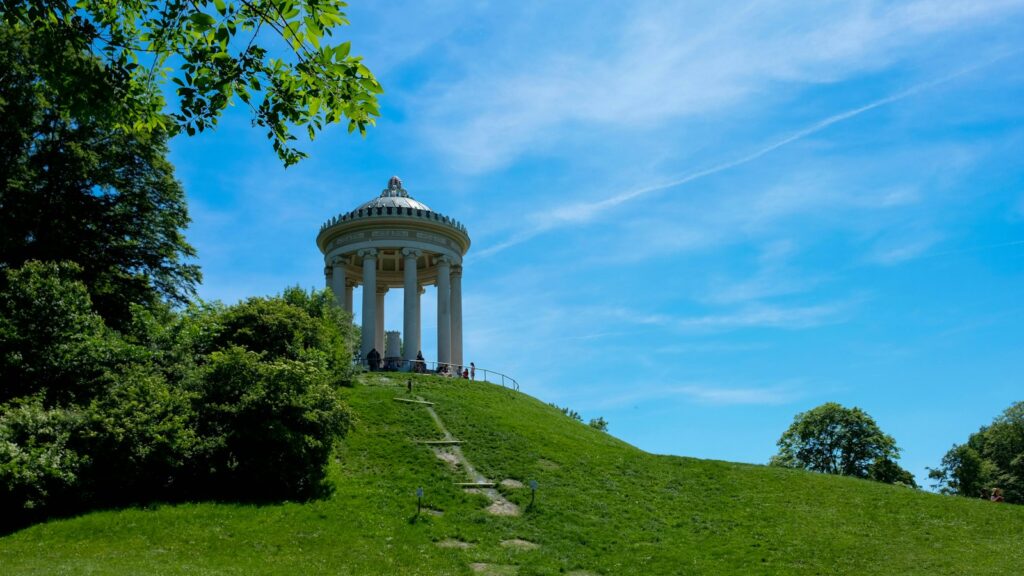 The Monopteros temple on a hill in the English Garden, Munich, Germany