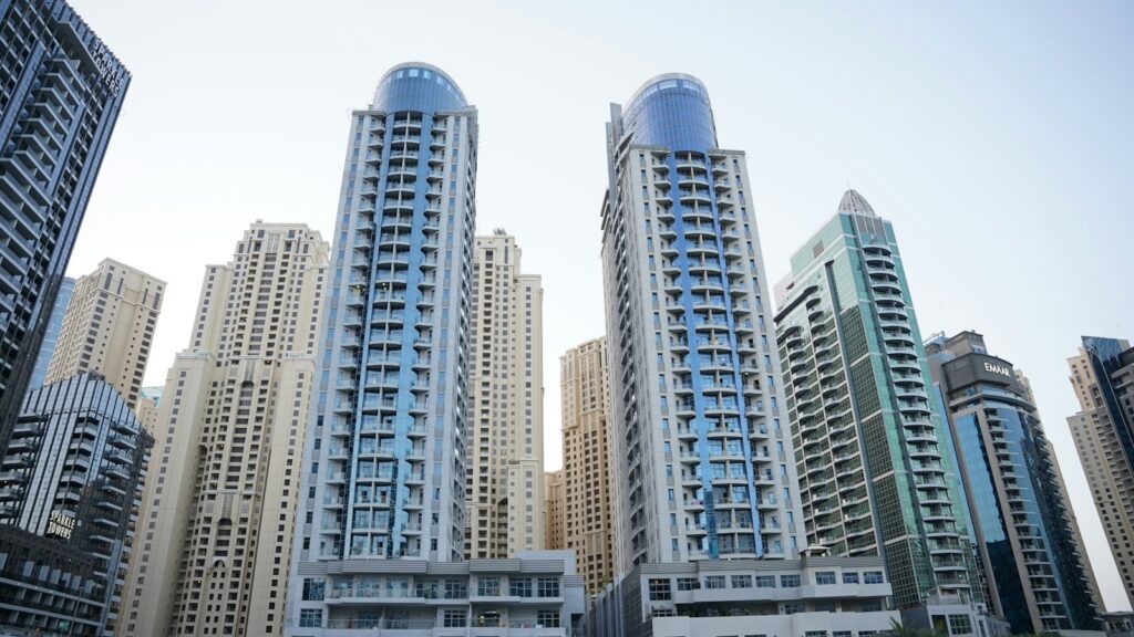 Modern residential apartment towers in Dubai Marina, United Arab Emirates
