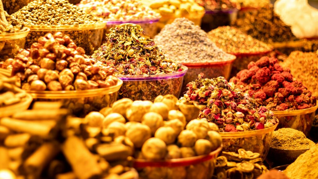 Spices displayed in baskets at a souk in the United Arab Emirates