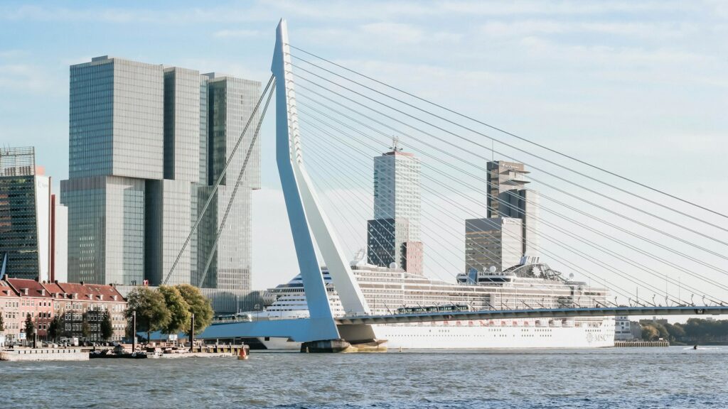 The Erasmus Bridge and office towers in Rotterdam, the Netherlands